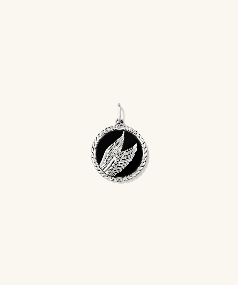 Mejuri Victory: Winged Coin Charm Pendant - Sterling Silver, Black Onyx